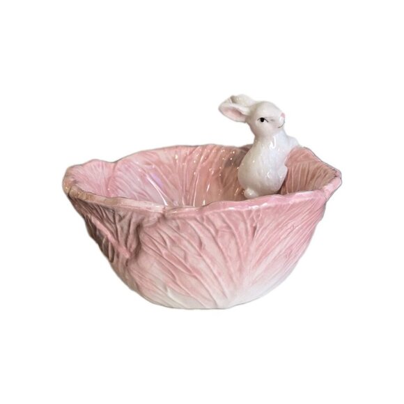 New Pink Easter Bunny Candy Bowl Ceramic Easter Rabbit Candy Dish Cabbage Shape - Picture 2 of 3